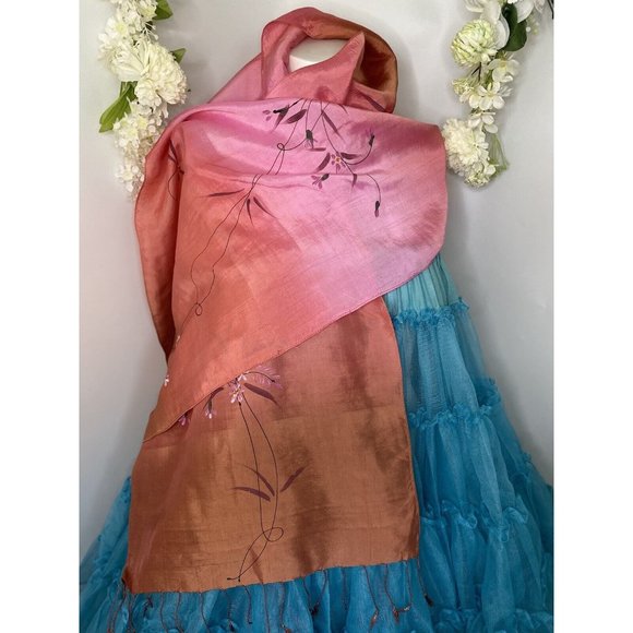 100% Silk Hand Painted Rectangular Scarf Dragonfly Design 16" X 60" Ombre Pink - Picture 2 of 16